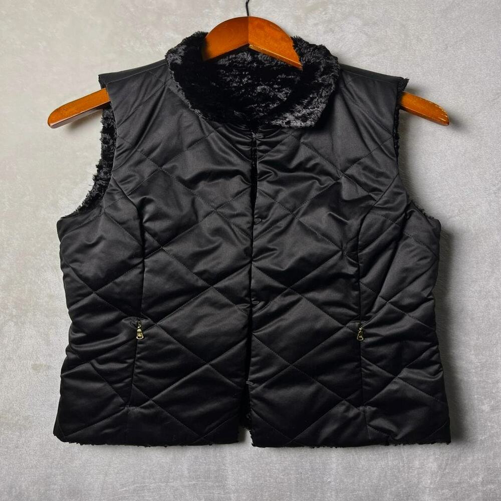 LRL Ralph Lauren Minimalist Quilted Faux Fur Vest Women's M Reversible Gold Zips